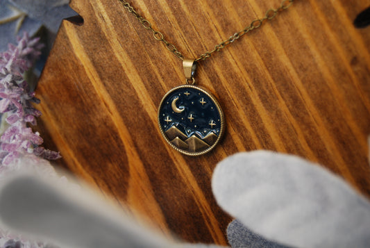 Night Sky and Mountains Pendant Necklace