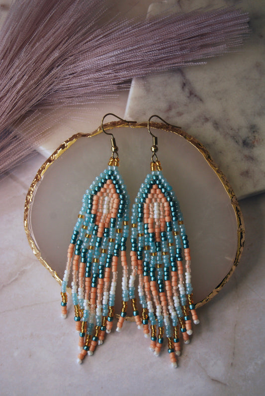 Baby Blue and Peach Beaded Fringe Earrings