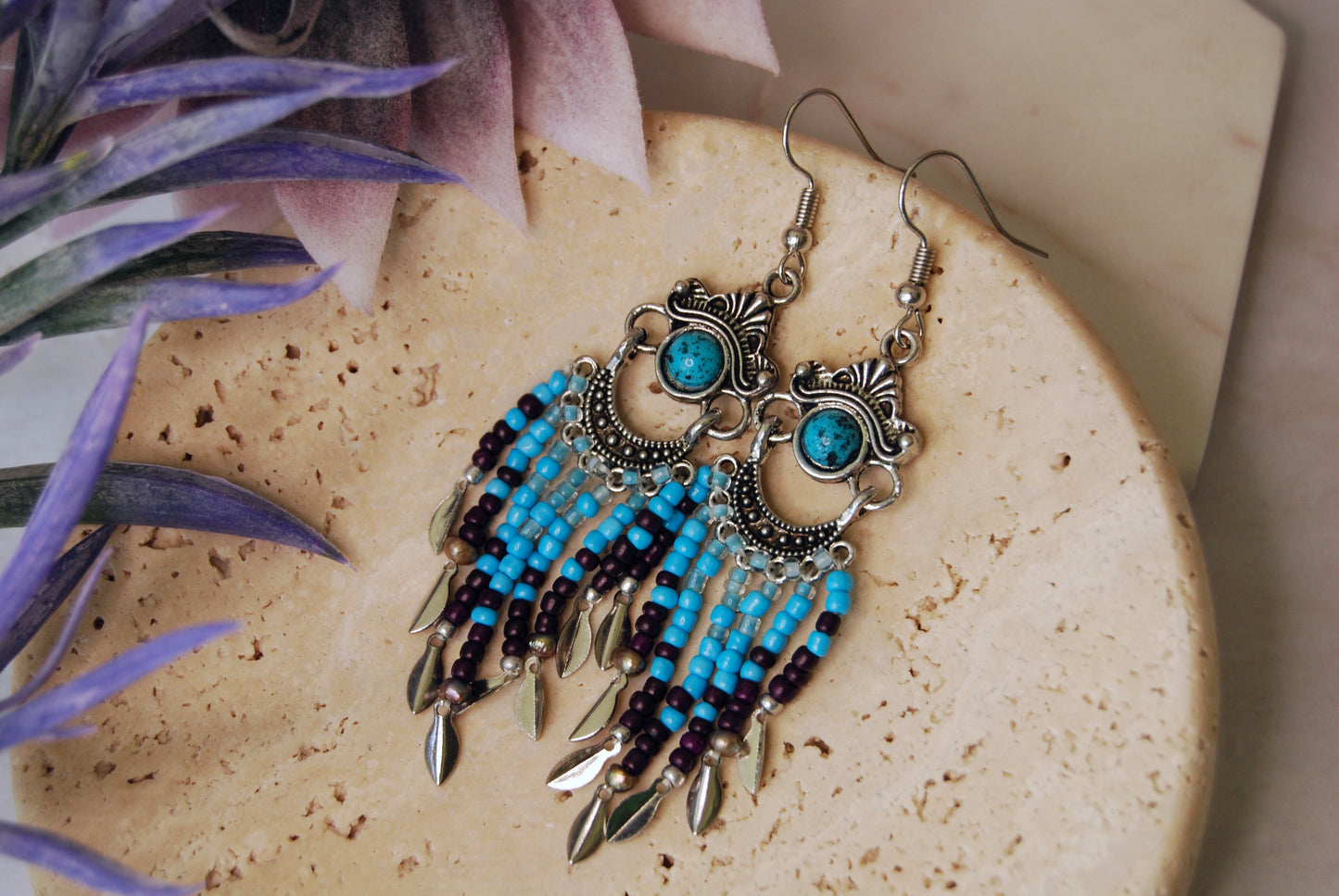 Metal Turquoise Earrings with Fringe