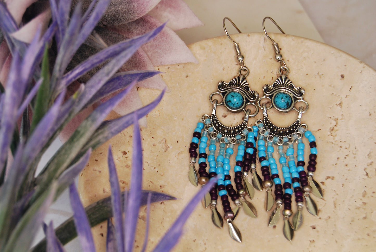 Metal Turquoise Earrings with Fringe