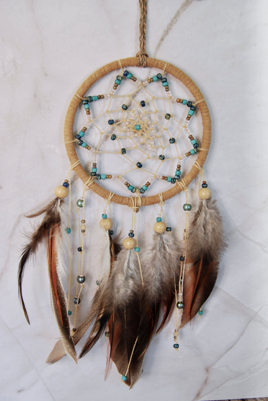 Medium Tan Hoop with Blue Beads Dream Catcher