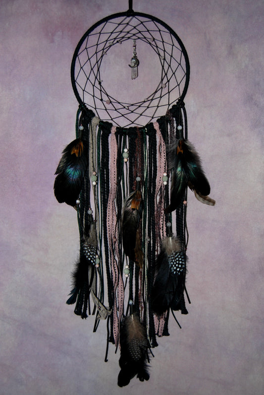 Large Black Celestial Dream Catcher with Raw Amethyst Pendant